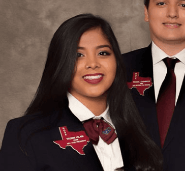 Tasnm Islam in HOSA blazer with Texas state officer pin